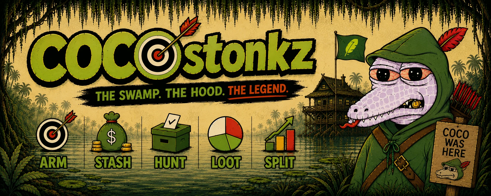 COCOstonkz in the swamp with ARM, STASH, HUNT, LOOT and SPLIT ecosystem artwork